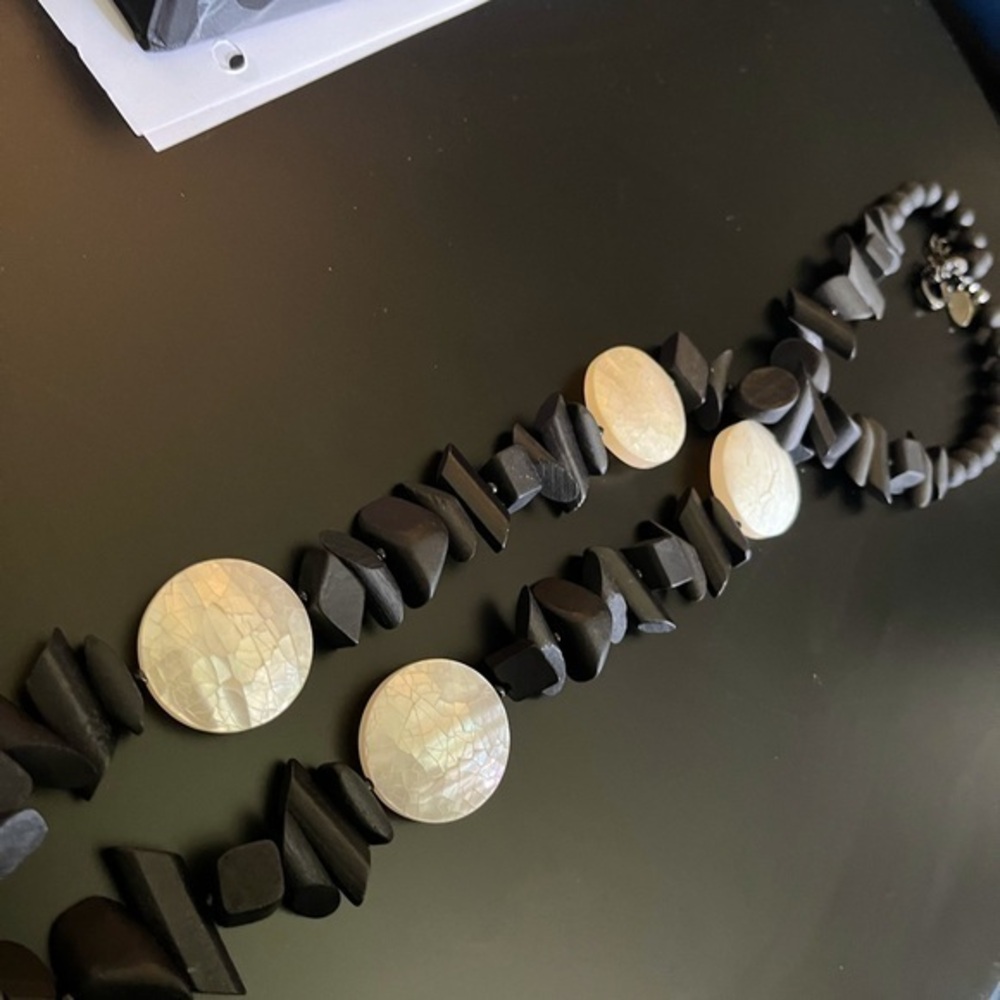 Chico’s Tribal Black Wood MOP bead Large Long Chunky Tribal Necklace